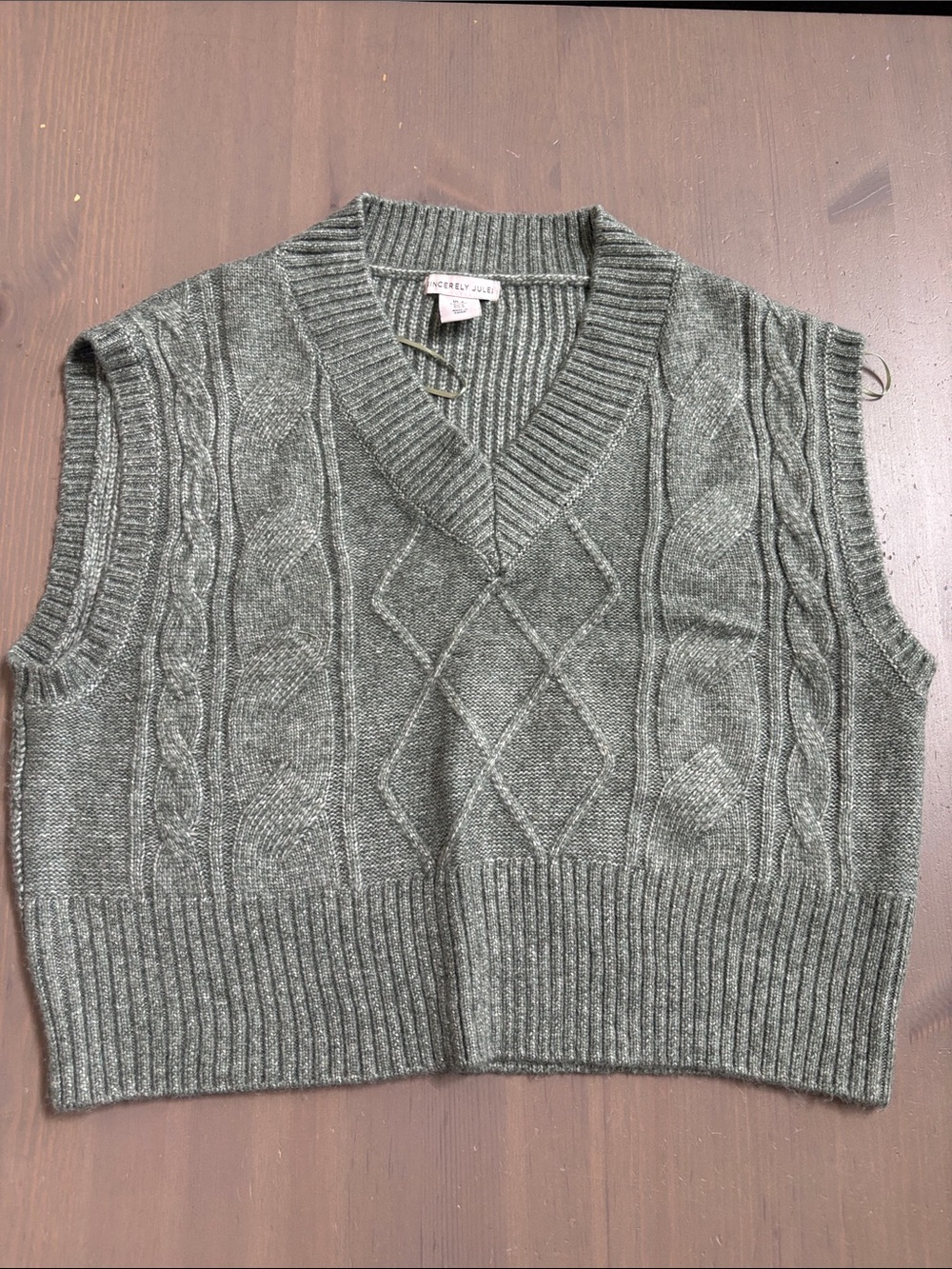 Sincerly Jules Olive Green Cable-Knit V-Neck Sweater Vest Size Small